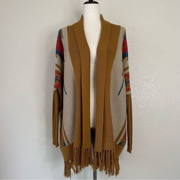 Urban Outfitters Ecote Tribal Knit Fringe Hem Poncho Cardigan, Sz Small - Picture 1 of 11
